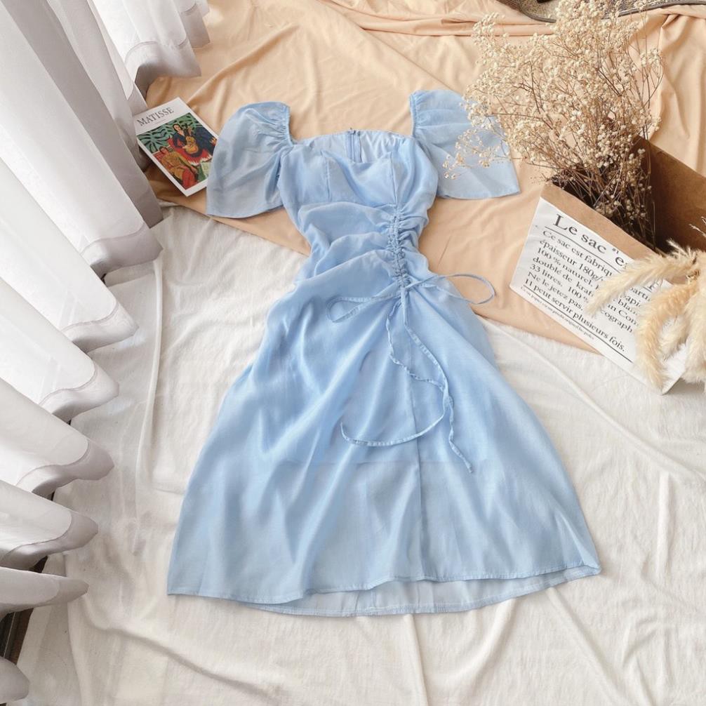 Đầm váy nữ màu xanh midi cổ tim rút dây eo hông chất Voon Tơ 2 lớp xinh đẹp. 👗 * ྇ ྇