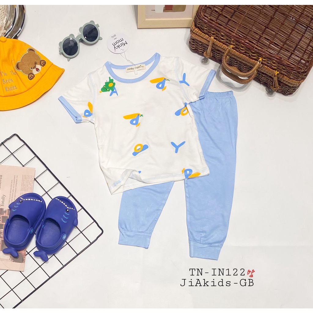 Bộ Tay Ngắn Quần Dài THUN LẠNH MINKY MOM In Thân Áo Trắng Quần Màu Cho Bé TN-IN122