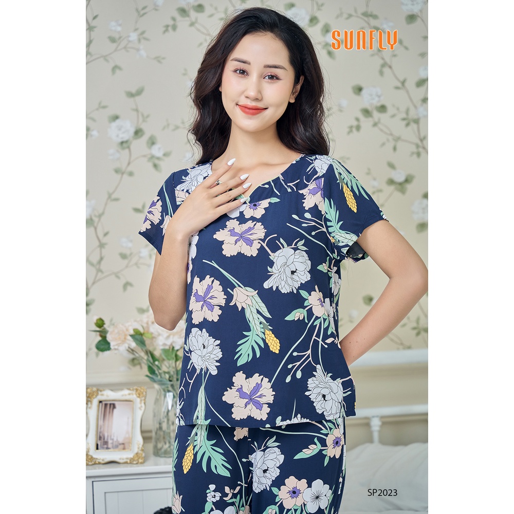 Bộ Đồ Mặc Nhà Nữ Lanh SUNFLY  Áo Cộc Quần Ngố SP2023