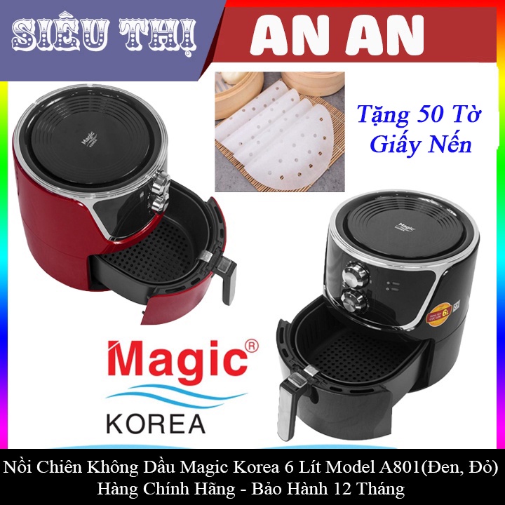 Nồi chiên không dầu MAGIC KOREA A801 6L chống dính công suất 1800W bảo hành 12 tháng màu đỏ tặng kèm giấy nến