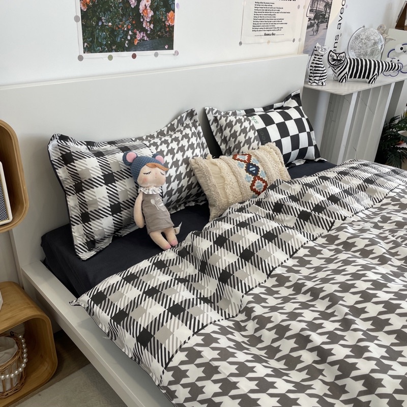 bộ chăn ga cotton poly nhập khẩu chăn trần bông dày dặn - Mẫu kẻ hoa ô vuông
