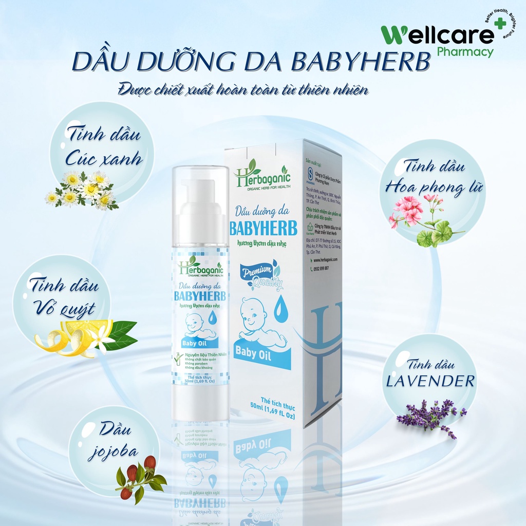 Tinh dầu dưỡng da BabyHerb 50ml  - Hỗ trợ ngừa hăm tã, dưỡng ẩm da, hương thơm dịu nhẹ, an toàn cho bé