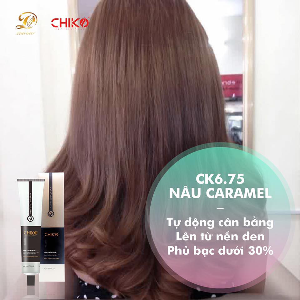 NÂU CARAMEL-Thuốc nhuộm tóc màu nâu caramel (CK 6.75)CHIKO  + TẶNG kèm trợ nhuộm+Hấp phục hồi