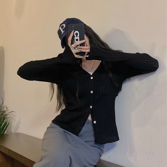Áo cardigan XIAOZHAINV dệt kim dài tay cổ chữ V dáng ôm phong cách Hàn Quốc 4 màu lựa chọn