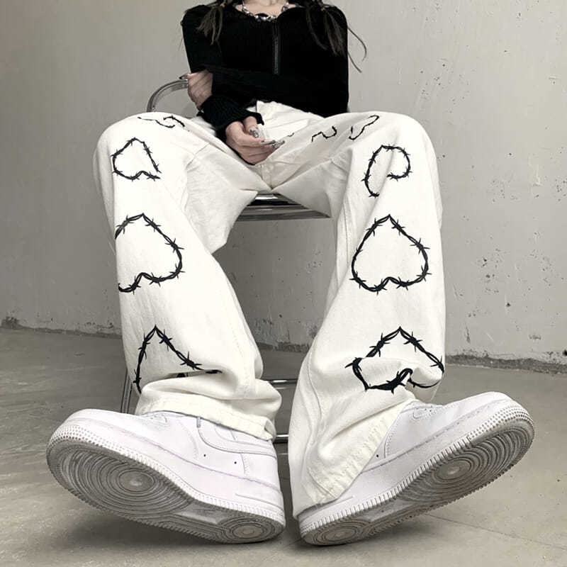 Quần Jean Dài Ống Rộng Màu Trắng Họa Tiết Trái Tim Phong Cách Retro Thời Trang Thu Đông Mới Dành Cho Nam Và Nữ LT7n