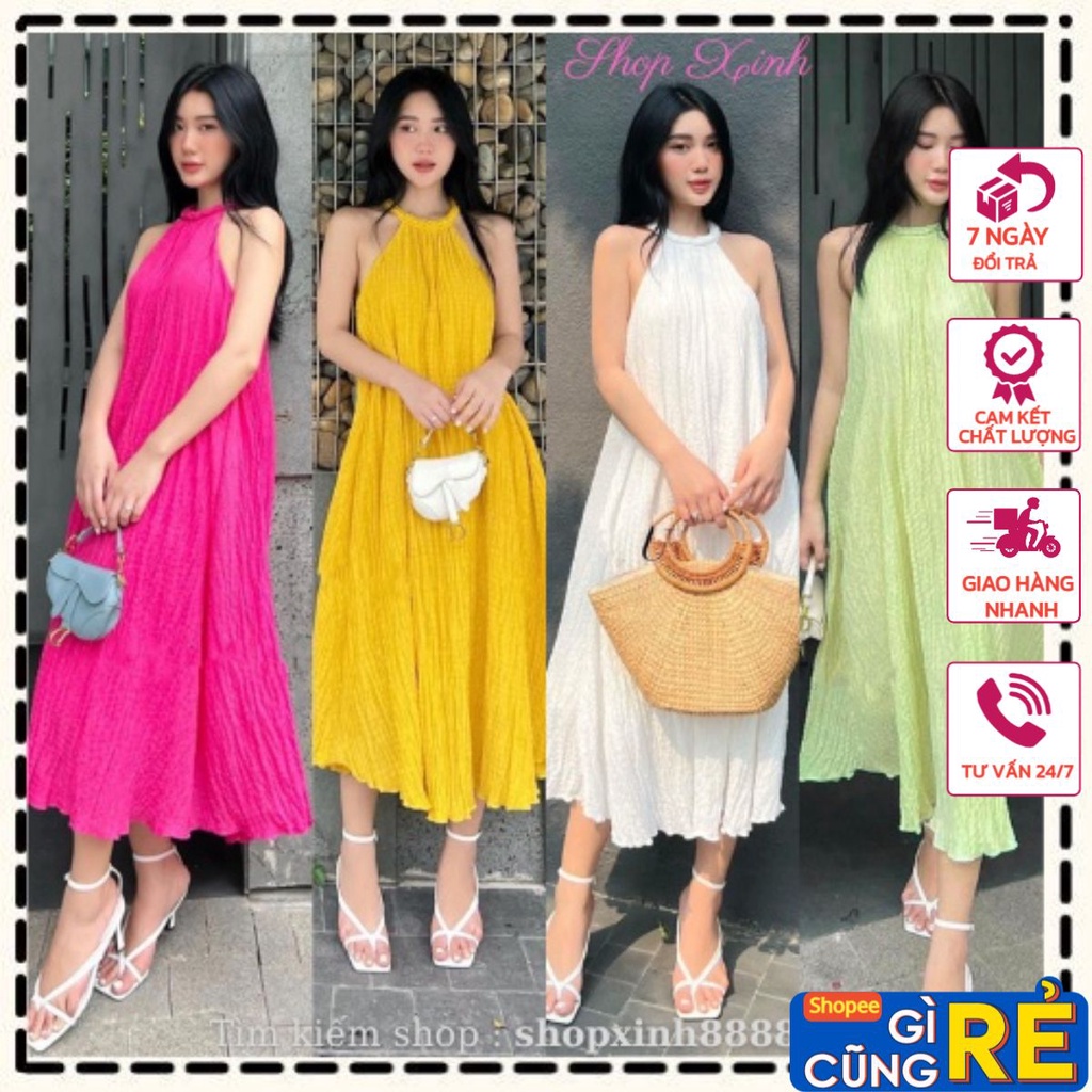 Đầm Maxi Cổ Yếm Chất Xốp Đơn Sắc, Váy Maxi Dự Tiệc Đi Biển 𝑴𝒂̂𝒚 𝑺𝒕𝒐𝒓𝒆