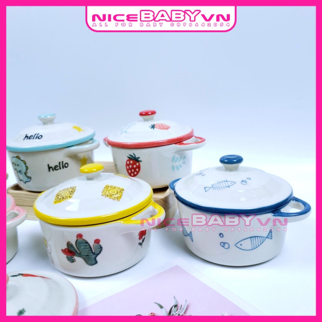 Bát Ăn Dặm Gốm Sứ Hình Nồi Họa Tiết Có Nắp Cho Bé 200ml NiceBabyVn