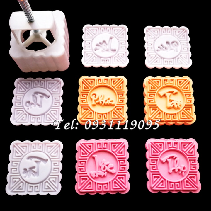 Khuôn trung thu lò xo, khuôn ép xôi 4 mặt hình vuông Phúc Lộc Thọ Tài - Mã số 1095