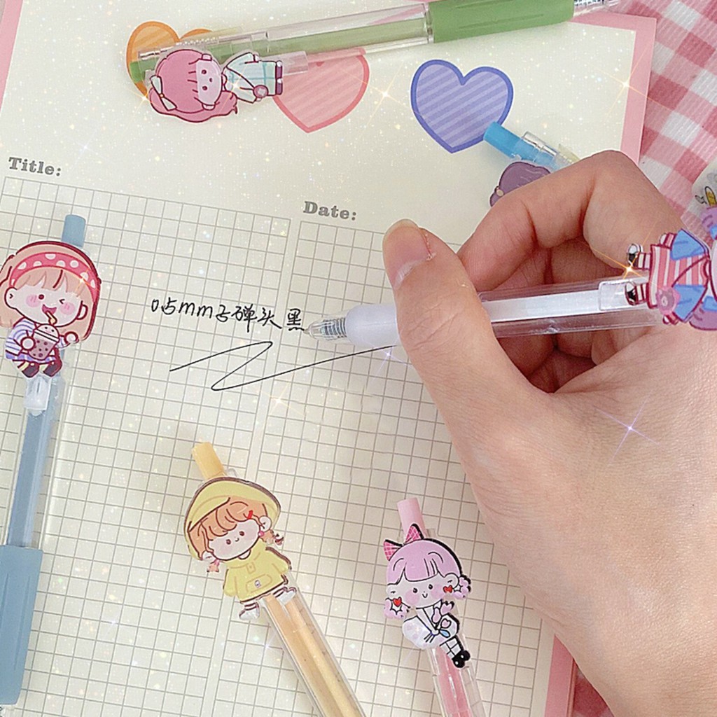 Bút bi bấm gel đen kèm pin cô gái cute A17 Taro Stationery