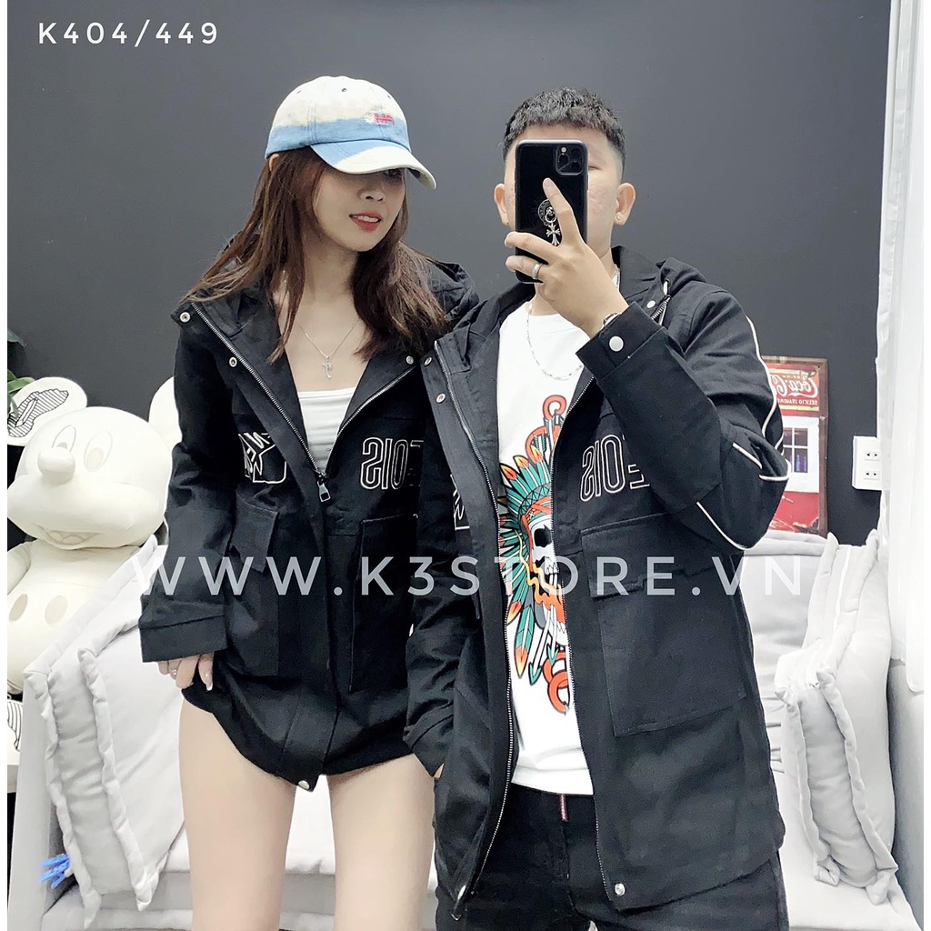 Áo khoác cặp nam nữ, áo khoác chất vải kaki dày màu đen denim jean thêu fneois K3 STORE ĐỒ ĐÔI k404