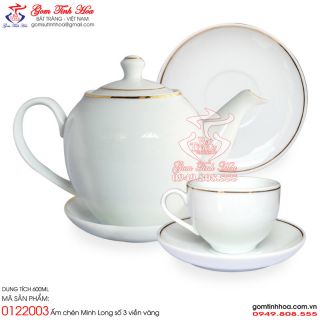 Ấm chén Minh Long số 3 men trắng viền vàng gốm sứ Bát Tràng