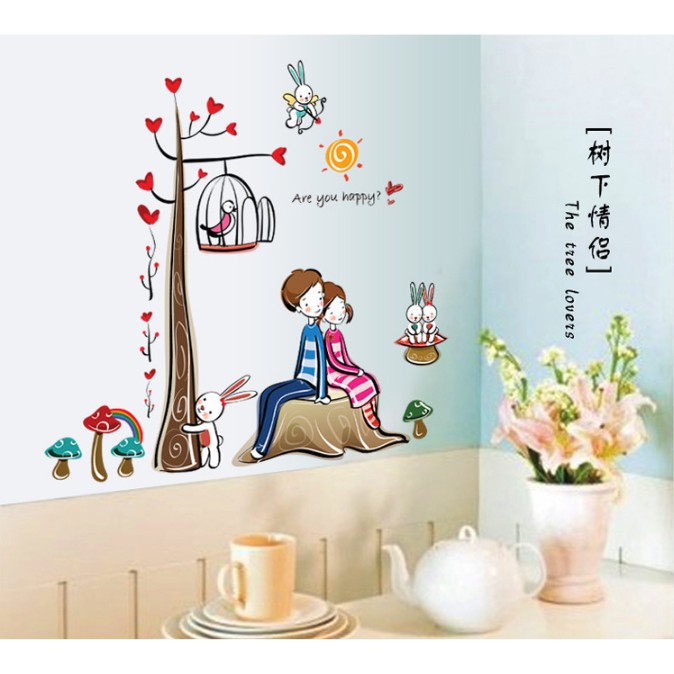 Decal trang trí Cây Tình yêu lồng chim và cặp tình nhân