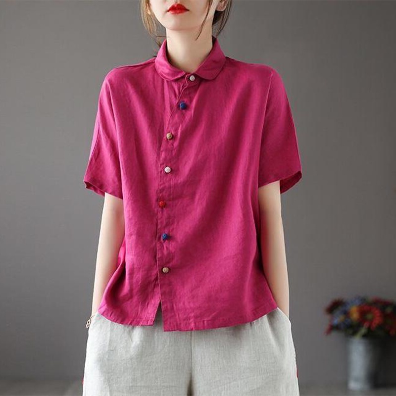 Ice linen cotton linen blouse slant placket color buttons lapel cotton linen short-sleeved T-shirt linen shirt