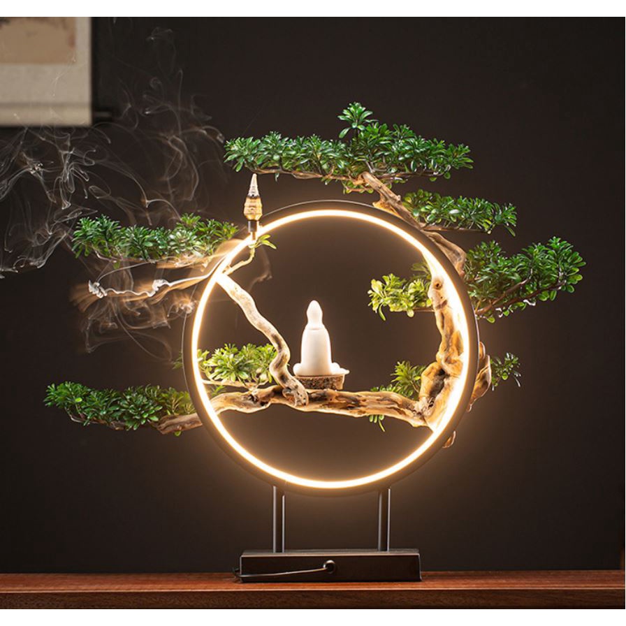 Bộ Đèn Led Vòng 30cm, Kệ Cây Tùng Bách và Tượng  Thủ Công, Sang Trọng - GIẢM GIÁ SỐC!!!!!!