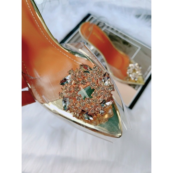 Giày sandal công chúa quai trong đính hoa đá vàng gót ly 8p hàng vnxk cao cấp cực chanh xả