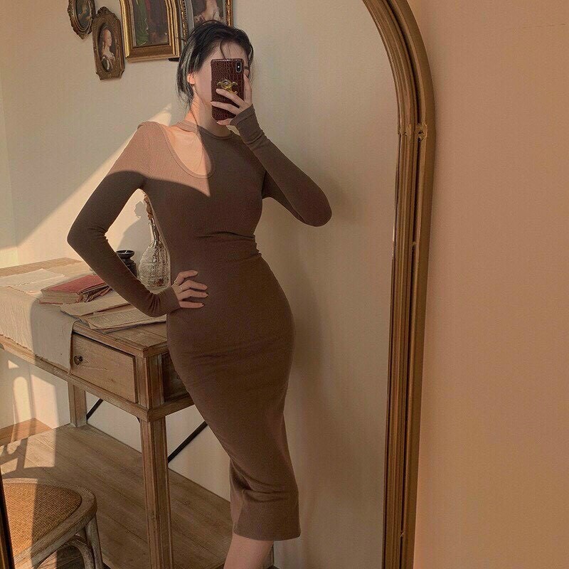 Đầm body tay dài trơn maxi khoét hở vai cực hot , chất thun bozip dày dặn