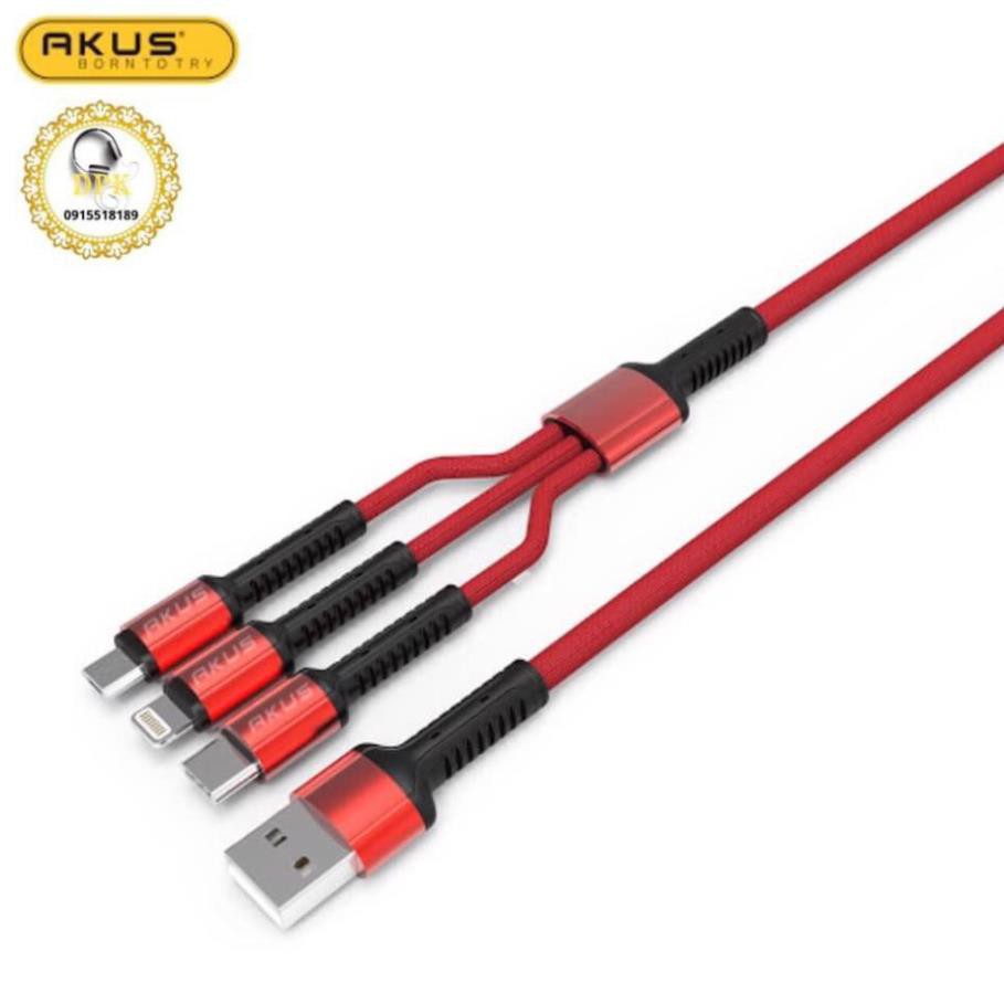 Cáp sạc đa năng 3 trong 1 sạc nhanh chính hãng AKUS  4 đầu All in one Lightning - MicroUSB - Type-C dài 120cm 2.4A