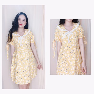 ( HOT ) Đầm Hoa cúc suông lụa hoa cổ sen phối ren