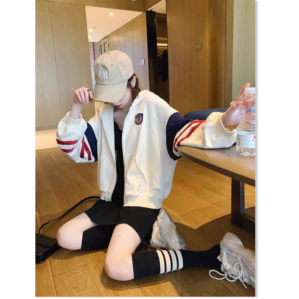 ÁO KHOÁC HOODIE NỮ DÂY KÉO PHỐI HUY HIỆU THỜI TRANG