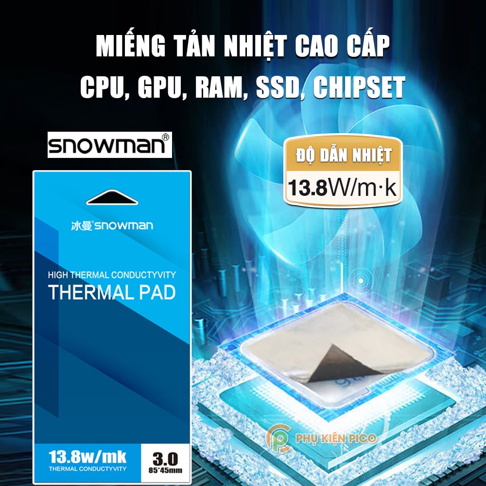 Miếng tản nhiệt cao cấp Thermal Pad SNOWMAN 13.8 W/mk chính hãng tản nhiệt GPU chipset ổ cứng SSD M.2 đối thủ của Gelid