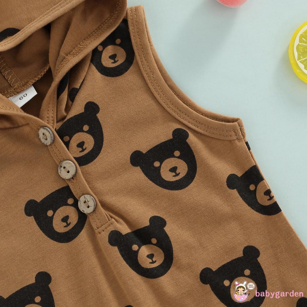 BABYGARDEN-0-18months Baby Boy Hooded Romper, Sleeveless Cartoon Bear Printed One Piece Jumpsuit