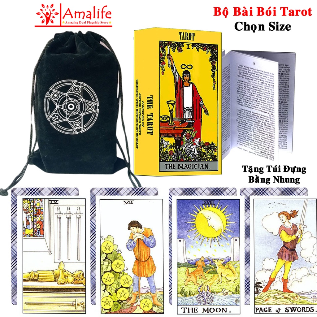 Bài Bói Tarot The Rider Waite Deck – Chọn Size – Tặng Kèm Túi Đựng Bài Bằng Nhung Cao Cấp Hãng Amalife
