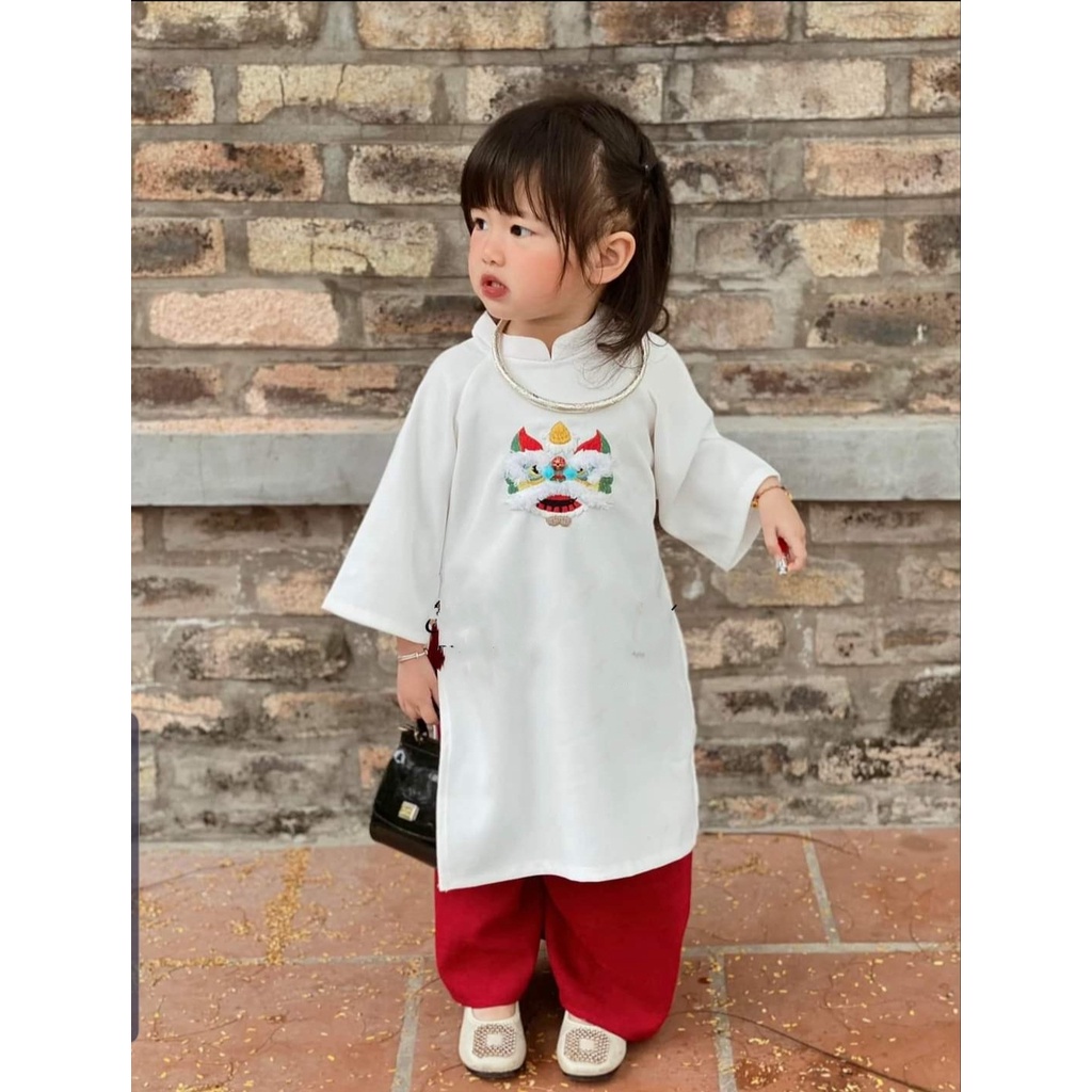 Set Áo Dài Bé Gái Thêu Lân Chất Liệu Linen Thoáng Mát