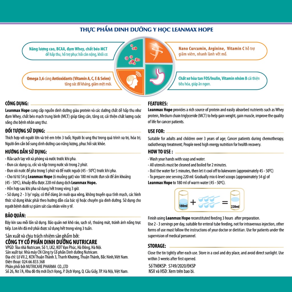 01 lon sữa Leanmax Hope 900g - Dinh dưỡng y học cho người bệnh ung thư