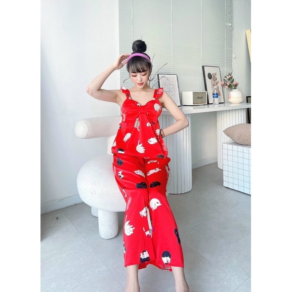 Bộ ngủ mặc nhà quần dài tay cánh tiên, satin họa tiết (kèm ảnh thật)