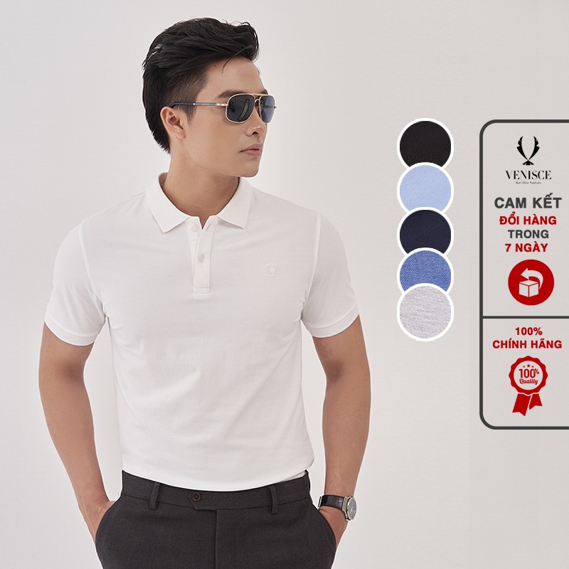 Áo Polo Nam Trơn Basic, Có Cổ Chất Cotton 100% Sợi Đan 40 Mát, Áo Phông Nam Thêu Logo Venisce Cao Cấp
