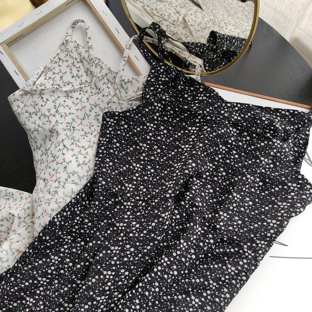 Đầm 2 dây ulzzang rút ngực, Váy hoa nhí 2 dây dáng dài nhẹ nhàng 2 màu trắng đen