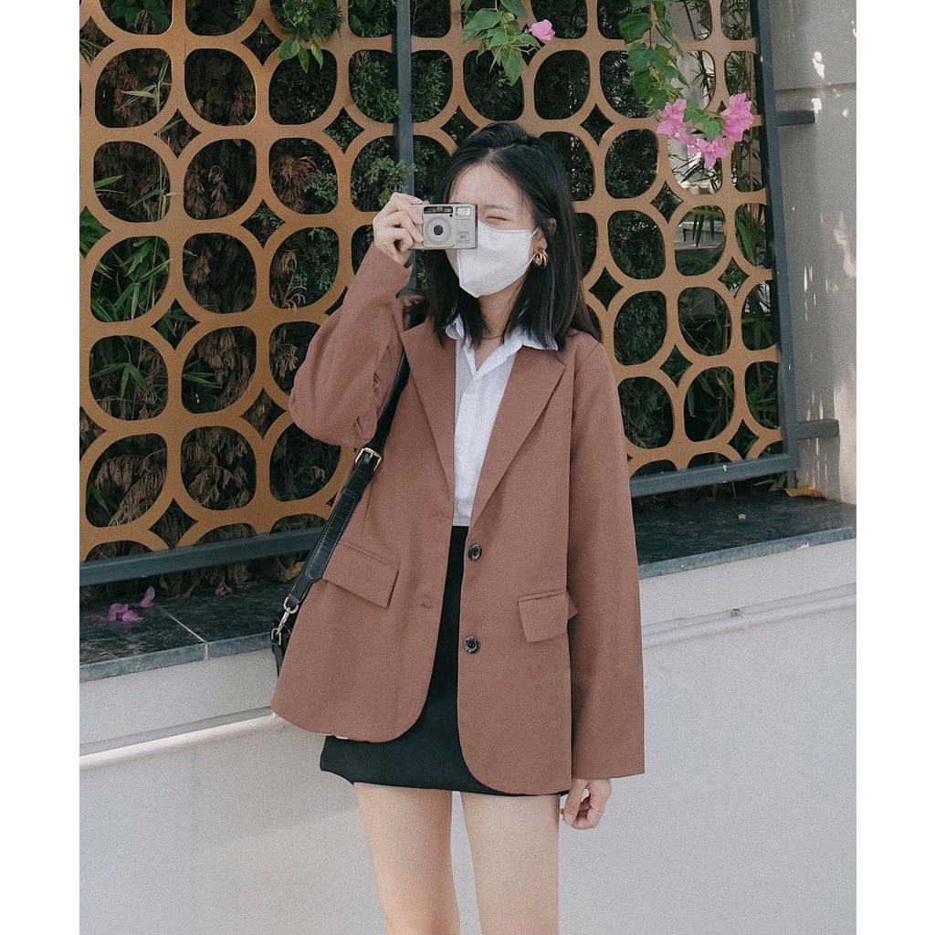 [Ảnh thật] Áo khoác blazer 2 lớp màu nâu choco - Áo vest trơn 2 lớp túi nắp dáng rộng