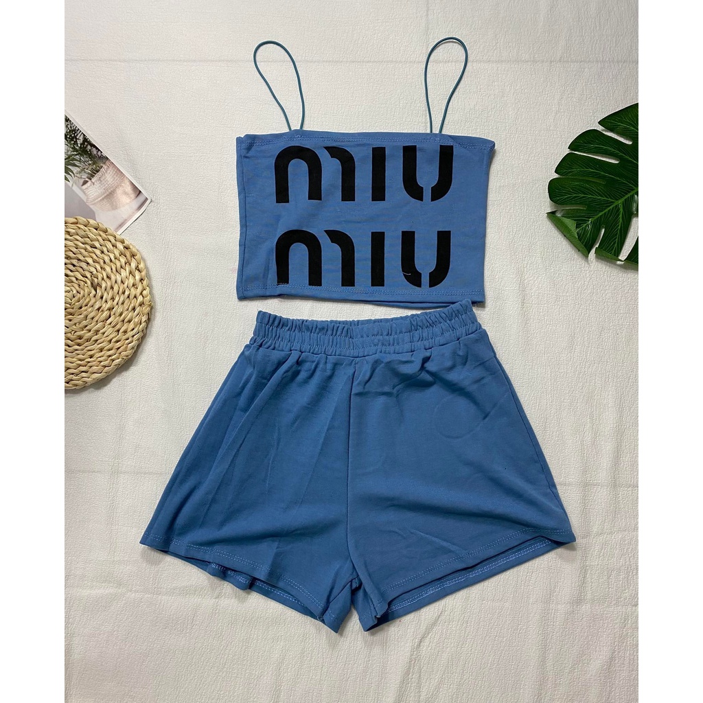 Bộ thun đùi miumiu cho nữ mặc nhà, áo hai dây crotop, quần ngắn, vải dày dăn, siêu xinh