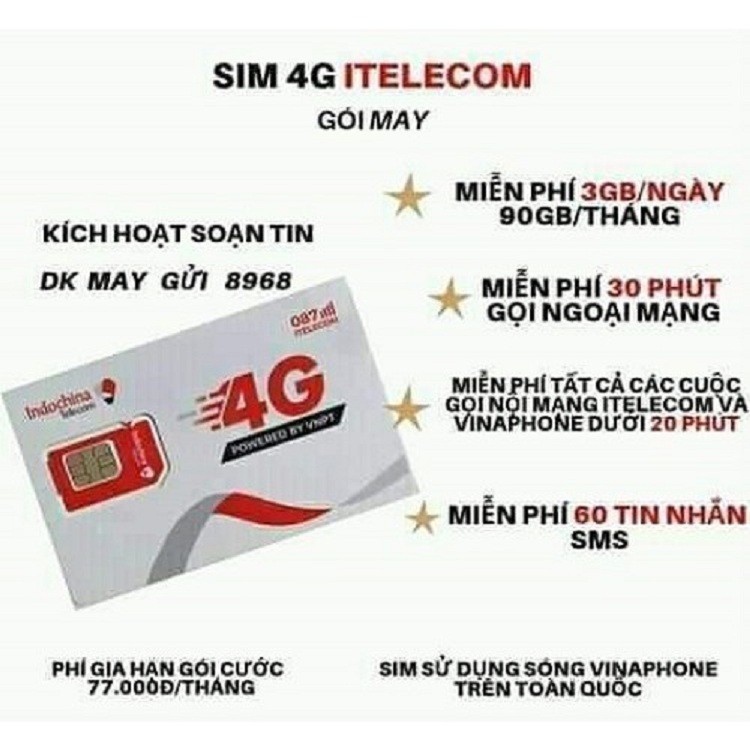 Siêu Sim 4G Vinaphone Gói Cước May Itelecom Tặng 90gb Data /Tháng Gọi Miễn Phí Sim Dùng Lập Ních Fb Zalo Tạo tk