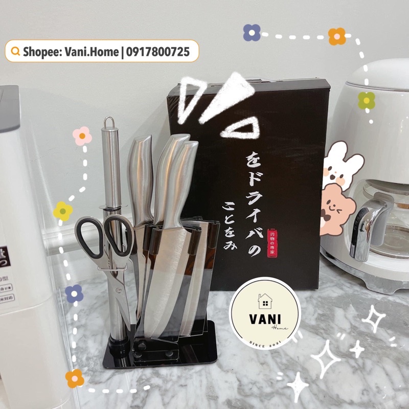 Bộ dao kéo inox 6 món kèm khay đựng cao cấp Nhật Bản Seki - Bộ dao Nhật nguyên khối đa năng