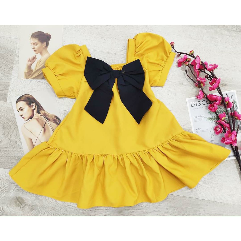 Đầm Váy Bé Gái Baby Doll Lụa Nhung Tay Phồng Thắt Nơ Sang Chảnh BHDV042