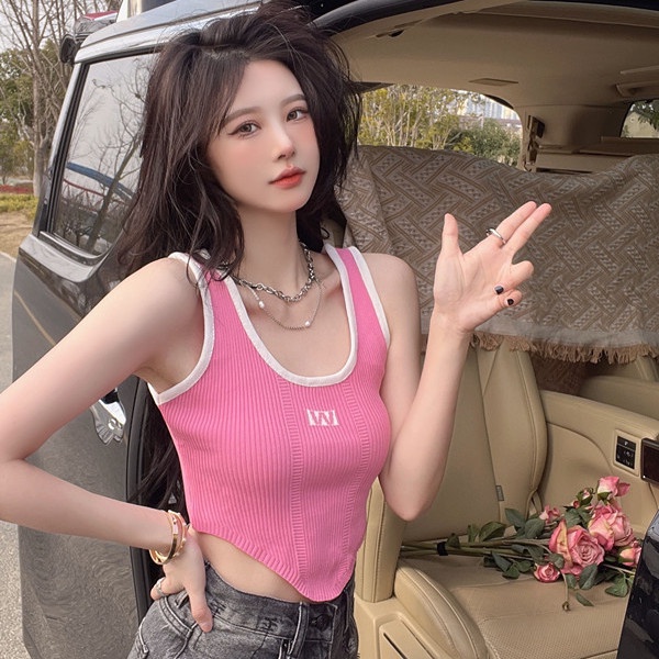 Jiashucheng Áo Dệt Kim Không Tay Màu Hồng Thiết Kế Không Đều Quyến Rũ Cho Nữ