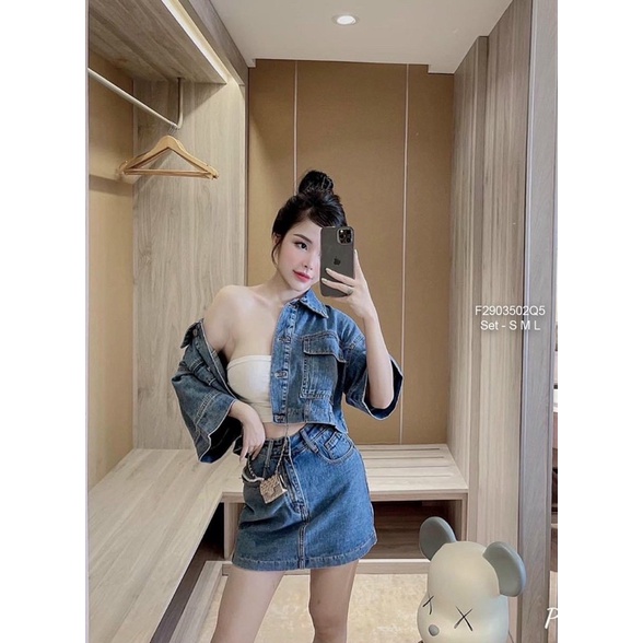 Set jean áo sơ mi 2 túi đắp form ngắn phối chân váy 0622