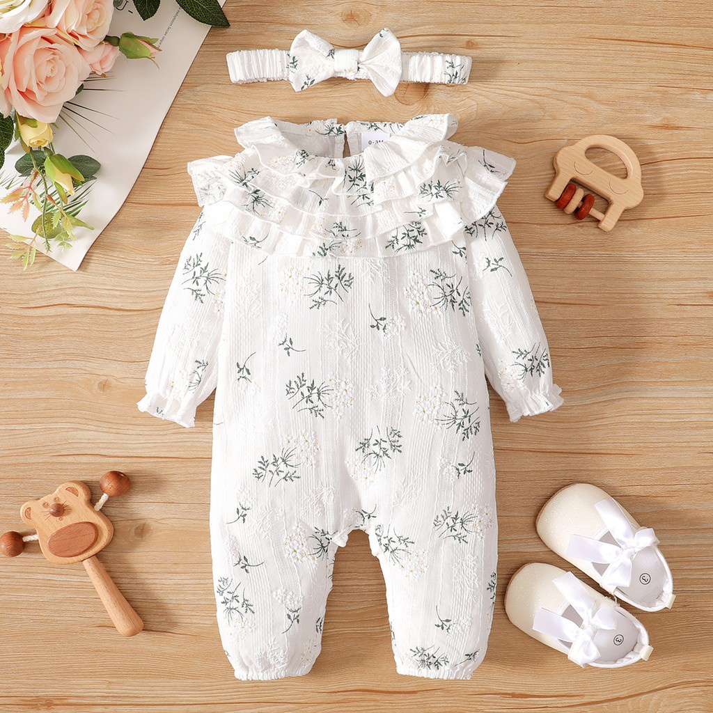 Bộ đồ MIKRDOO gồm áo liền quần tay dài họa tiết hoa và băng đô thời trang dành cho trẻ em