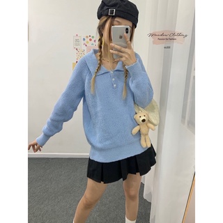 Áo Len polo dày dặn, form rộng tay dài màu xanh, style Hàn Quốc siêu xinh