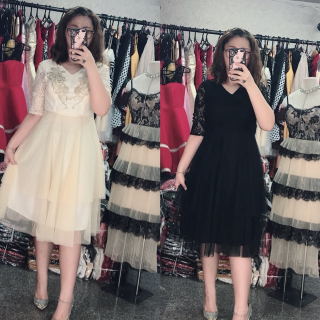 Đầm xoè cổ V ren tay lỡ 2 tầng