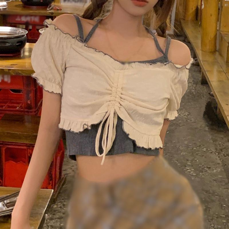 Áo Croptop Tay Ngắn Màu Sắc Đơn Giản Phong Cách Hàn Quốc