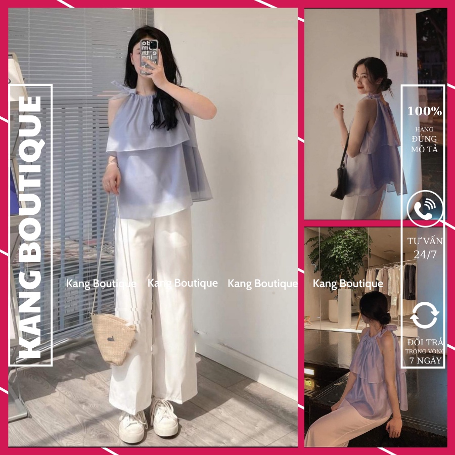 Áo kiểu nữ cổ yếm voan tơ kèm quần ống suông cạp chun có túi đi biển FREESIZE hàng Quảng Châu Kang Boutique Mã SE004