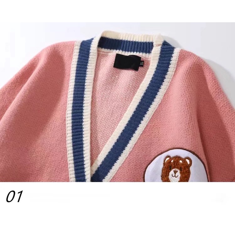 Áo khoác cardigan len dệt kim dáng rộng họa tiết gấu hoạt hình phong cách Nhật Bản retro thời trang cho cặp đôi