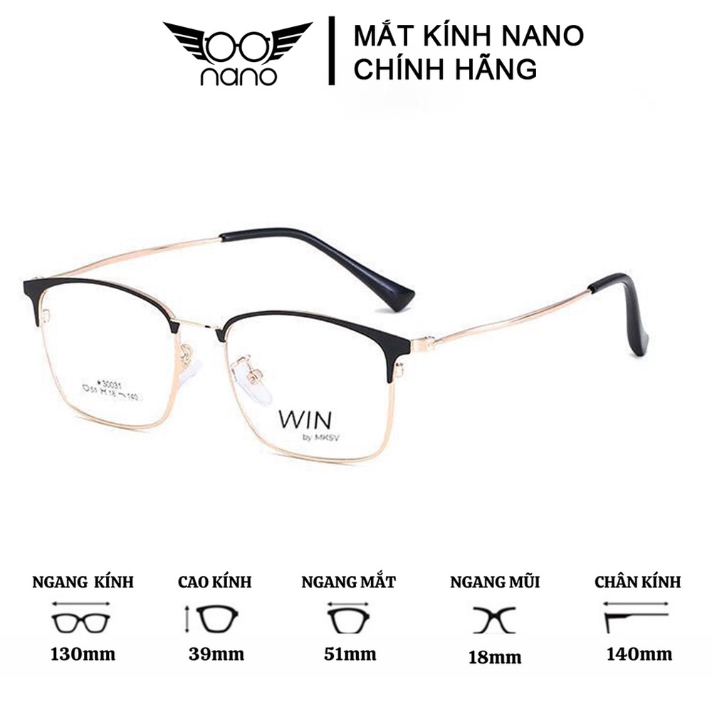 Gọng kính cận nam nữ, gọng kính vuông NANO 30001 kim loại chống gỉ thời trang Hàn Quốc