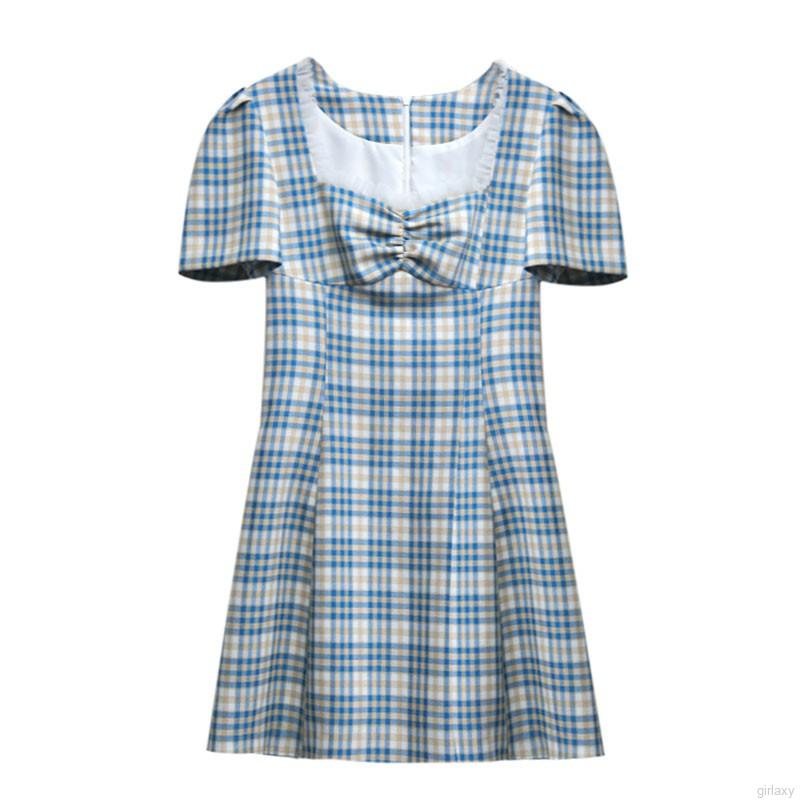 Đầm Tay Ngắn Sọc Ca Rô Thời Trang Cổ Điển Dành Cho Nữ