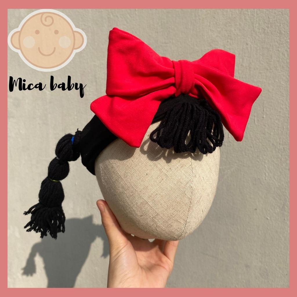 Băng đô, turban tóc giả buộc dài thắt nơ đỏ đáng yêu cho bé Mica baby BD43