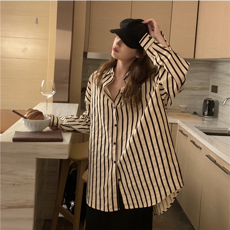Porozi  Áo sơ mi  tay dài dáng rộng kẻ sọc phong cách Hàn Quốc dễ phối đồ dành cho nữ