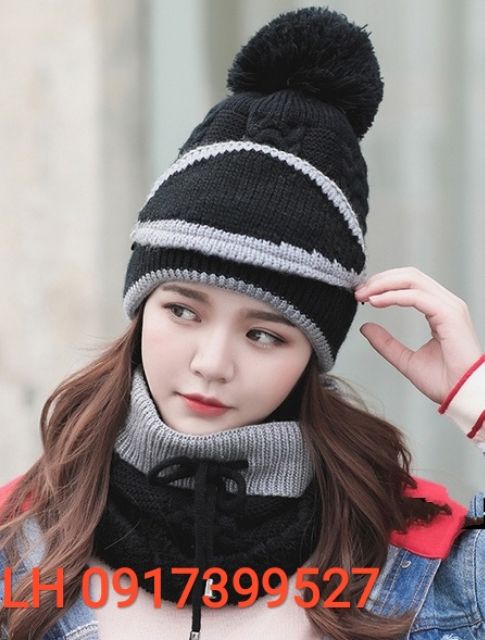 Nón len nữ mũ Len nữ kèm khăn choàng + khẩu trang y hình thời trang Hàn Quốc