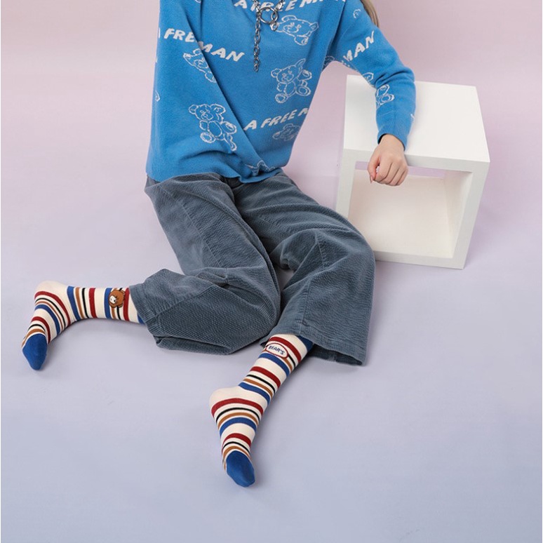 Vớ WAFNHA D17 cổ cao dày in họa tiết gấu hoạt hình đáng yêu thời trang unisex